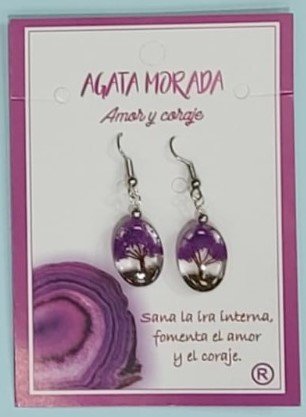 Pendiente Ovalado Arbol de la Vida Agata Morada