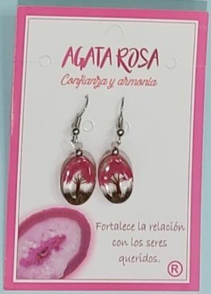 Pendiente Ovalado Arbol de la Vida Agata Rosa
