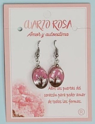 Pendiente Ovalado Arbol de la Vida Cuarzo Rosa
