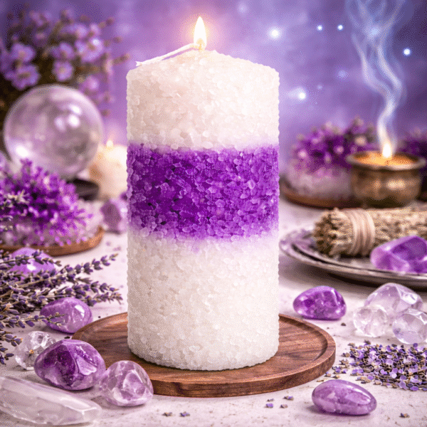Vela sal blanco-morado-blanco 1 Velón Ritualizado de Petición – Limpieza, Protección y Transmutación