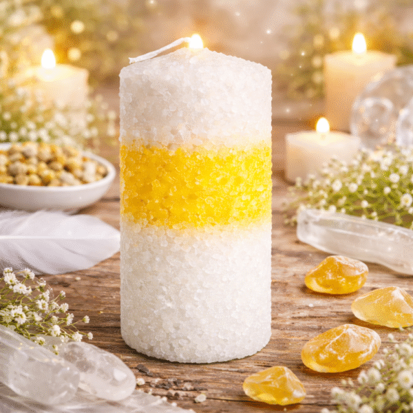 Velon sal blanco-amarillo-blanco 1 Velón Ritualizado de Petición – Limpieza, Éxito y Claridad