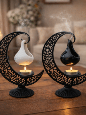 Quemador de Aceite Colgante con Soporte de Luna – Caldero Negro o Blanco