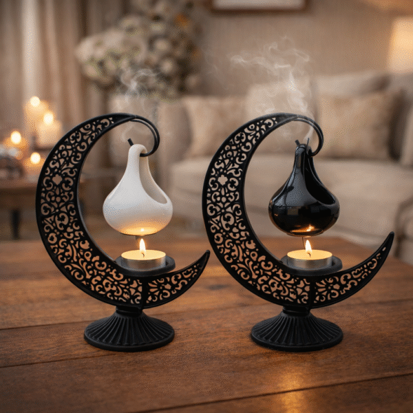 Quemador de Aceite Colgante con Soporte de Luna – Caldero Negro o Blanco