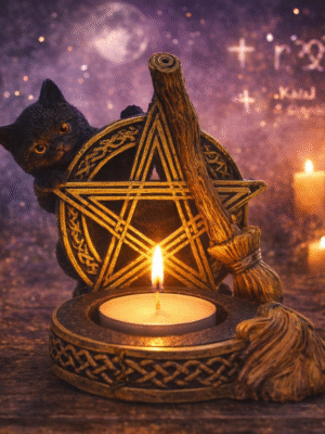 Portavelas de Resina con Forma de Gato con Escoba