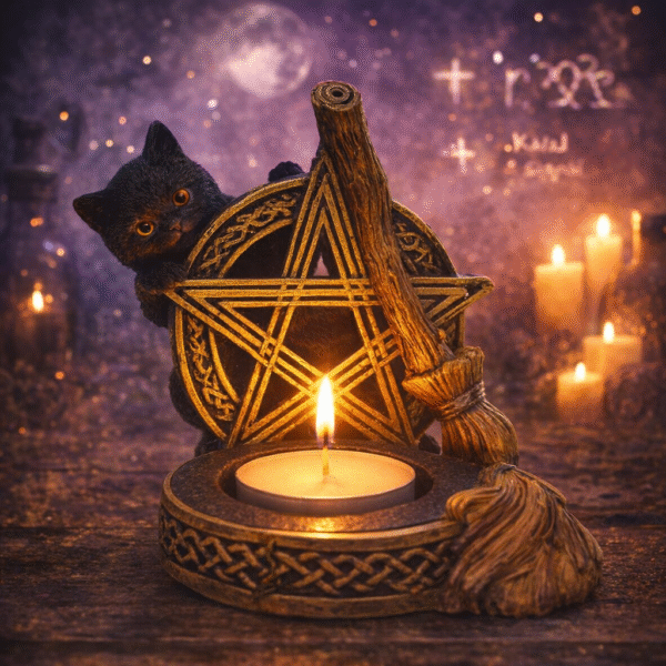 Portavelas de Resina con Forma de Gato con Escoba