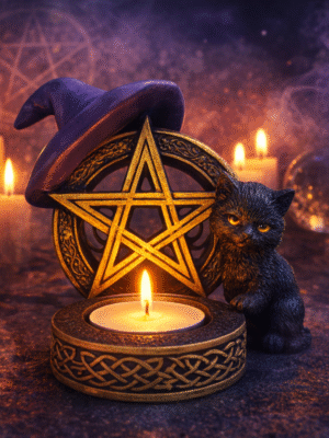 Portavelas de Resina con Forma de Gato con Sombrero