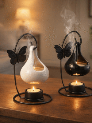 Quemador de Aceite Colgante con Soporte de Mariposa – Caldero Negro o Blanco