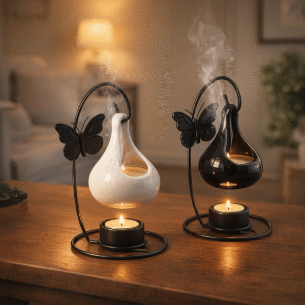 Quemador de Aceite Colgante con Soporte de Mariposa – Caldero Negro o Blanco